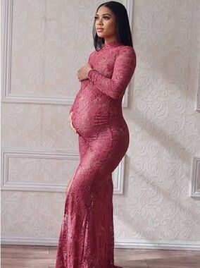 Maternity Lace Long-Sleeve Maxi Dress in Dusty Rose